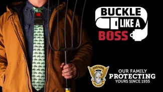 PROMO HIRES Colorado State Patrol CSP Buckle Like a Boss Seatbelt - CSP Person holding a pitchfork wearing a necktie with the words "Buckle like a boss"