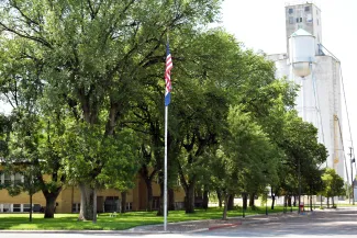 Flags in front of the Kiowa County Courthouse in Eads, Colorado. The building is surrounded by trees.