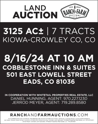 Advertisement for a land auction in Kiowa County, Colorado.