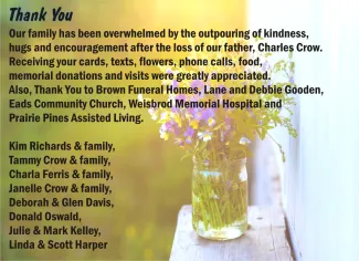 Thank you note from the family of Charles Crow.