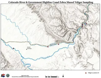 A Colorado Parks and Wildlife map shows the locations where zebra mussel DNA has been detected along the Colorado River and Government Highline Canal - CPW