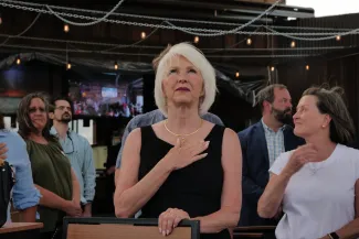 Then-Mesa County Clerk Tina Peters at her primary election watch party at the Wide Open Saloon in Sedalia on June 28, 2022. Carl Payne - Colorado Newsline
