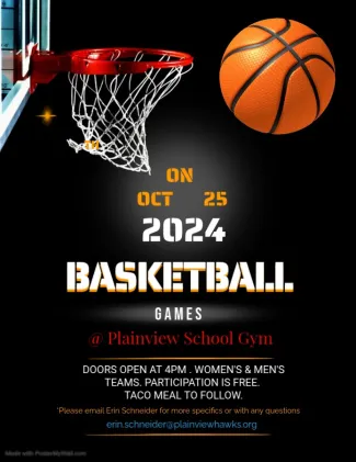 Advertisement for basketball at the Plainview School Gym