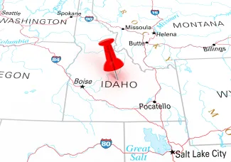 Map of the state of Idaho, showing portions of surrounding states