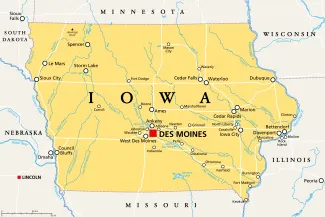 Map of the state of Iowa, showing portions of surrounding states