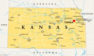 PROMO HIRES Map - Kansas State Map - PeterHermesFurian - iStock-1352430281 Map of the state of Kansas, showing portions of surrounding states