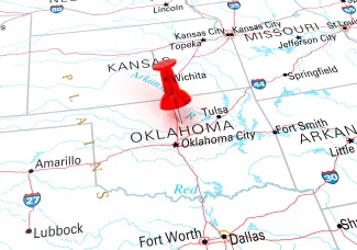 Map of the state of Oklahoma, showing portions of surrounding states