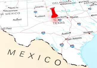 Map of the state of Texas, showing portions of surrounding states