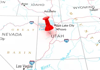 Map of the state of Utah, showing portions of surrounding states.