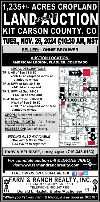 Advertisement for a land auction in Kit Carson County, Colorado