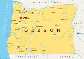 Map of the state of Oregon, showing portions of surrounding states