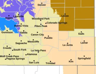 Fire weather watches in southeast Colorado for December 30, 2024, highlighted in light tan - NWS Map of fire weather watches in southeast Colorado for December 30, 2024, highlighted in light tan - NWS