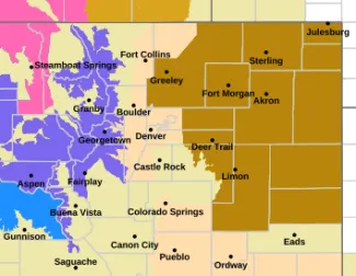 Map of potential for high wind in northeast Colorado December 30, 2024, highlighted in brown - NWS