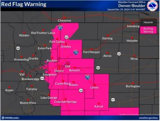 Red flag warning for high fire danger in northeast Colorado December 30, 2024 Map of red flag warning for high fire danger in northeast Colorado December 30, 2024