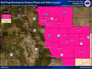 Red flag warning for high fire danger in southeast Colorado December 30, 2024 Map of red flag warning for high fire danger in southeast Colorado December 30, 2024