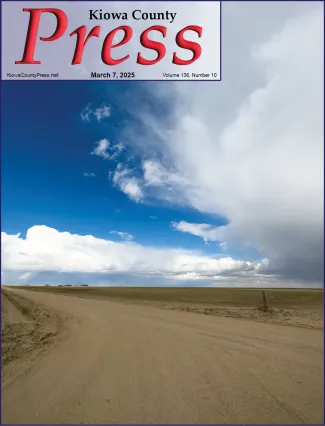 Front page of the March 7, 2025 edition of the Kiowa County Press - March has arrived, and spring thunderstorms are just around the corner - Chris Sorensen.