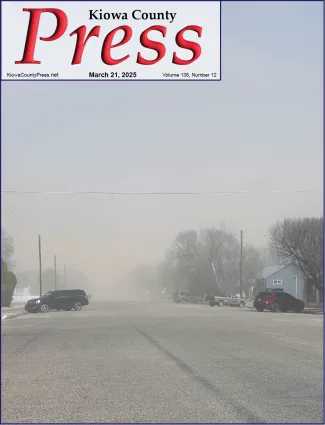 Photo of the week from the March 21, 2025, edition of the Kiowa County Press in Eads, Colorado -  Blowing dust Friday obscured the view of the First Christian Church in Eads - Chris Sorensen.