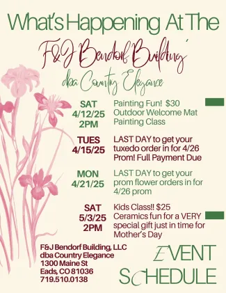 Advertisement for events at Country Elegance in Eads, Colorado