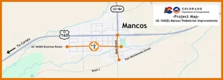 Colorado Department of Transportation Project Map of the sidewalk improvements on Grand Avenue (US 160 Business Route) in Mancos