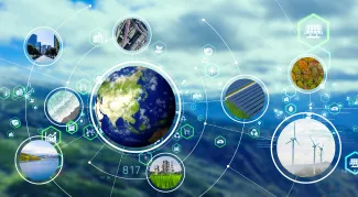 PROMO HIRES Climate - Environment Change Planet Globe Earth Energy Health Environment Solar Wind - iStock - metamorworks Artist's concept showing the Earth with satellite-like bubbles around it showing differing types of energy sources.