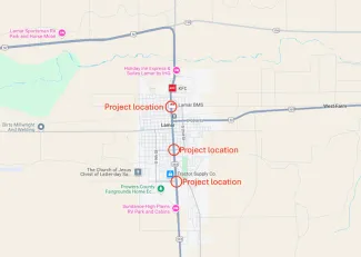 Map of June 2025 traffic signal replacement in Lamar Colorado. Map of June 2025 traffic signal replacement in Lamar Colorado.