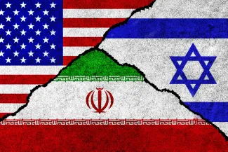 Portions of the flags of the United States, Israel, and Iran in a collage format.