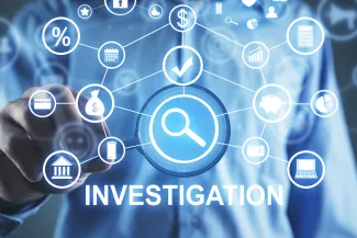 PROMO HIRES CROPPED Crime - Investigation Law Enforcement Police FBI Justice Concept - Andranik Hakobyan - iStock-1437277148 Concept artwork with a person in the background pointing forward. In the foreground are symbols of various forms of crime and criminal investigation.