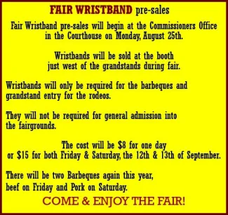 Advertisement for Kiowa County Fair wristband for pre-sale