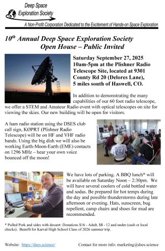 Flyer for the 10th Annual Deep Space Exploration Society Open House