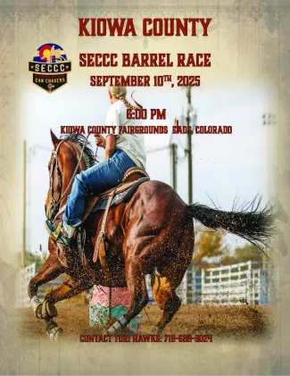 Barrel racing during 2025 Kiowa County Fair week