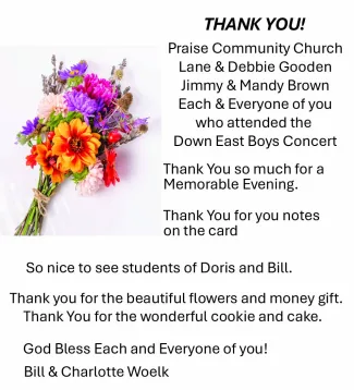 Card of thanks from Bill and Charlotte Woelk