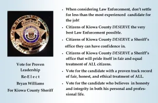 Advertisement to re-elect Bryan Williams as Kiowa County Sheriff