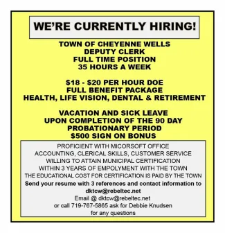 Advertisement for an open Deputy Clerk position in Cheyenne Wells