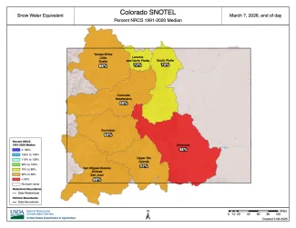 Colorado SNOTEL Snow Water Equivalent as of March 7, 2026 - USDA