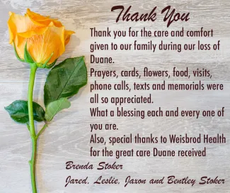 Card of Thanks from the Duane Stoker family