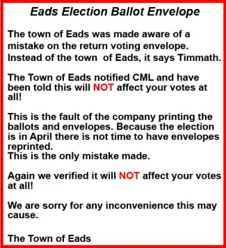 Notice from the Town of Eads about election ballot envelopes