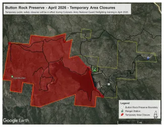 2026 COFAS Trail Closures Map at Button Rock Preserve. (Colorado DFPC)