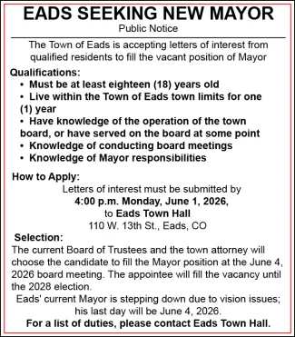 Advertisement for a Mayor of the Town of Eads