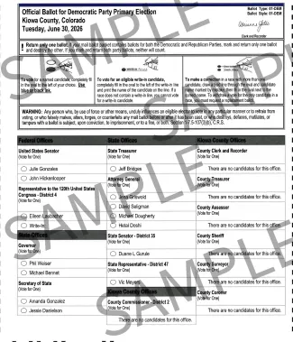 Kiowa County Clerk and Recorder - Primary Election Sample Ballot