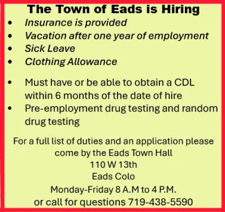 The Town of Eads is Hiring