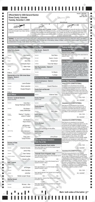 Sample ballot for the November 3, 2026, general election, precinct 4354731001, ballot style 001-1, front