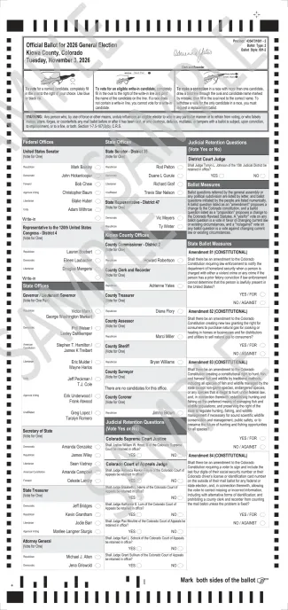 Sample ballot for the November 3, 2026, general election, precinct 4354731001, ballot style 001-2, front