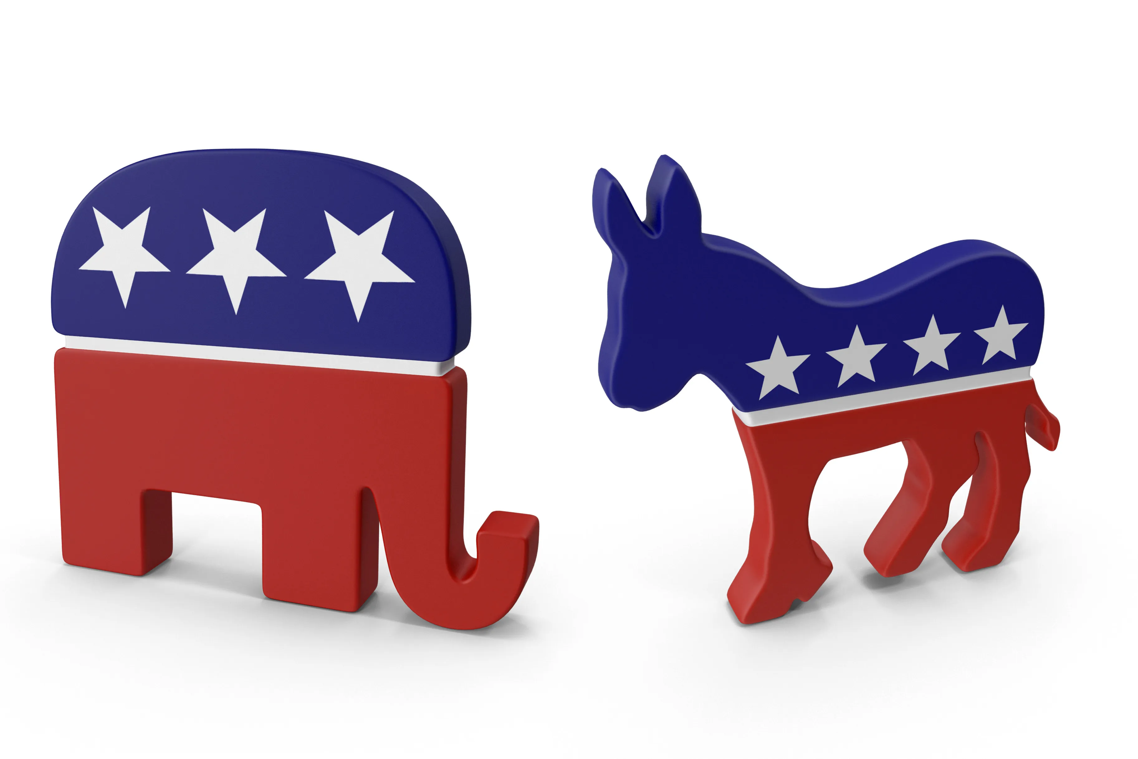 Democrat and Republican Party symbols of an elephant and donkey in a patriotic red, white, and blue motif - fitimi - iStock-528483210