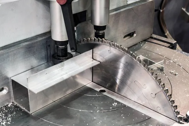 A close-up of a circular saw machine that has just sliced through a section of rectangular aluminum tubing.