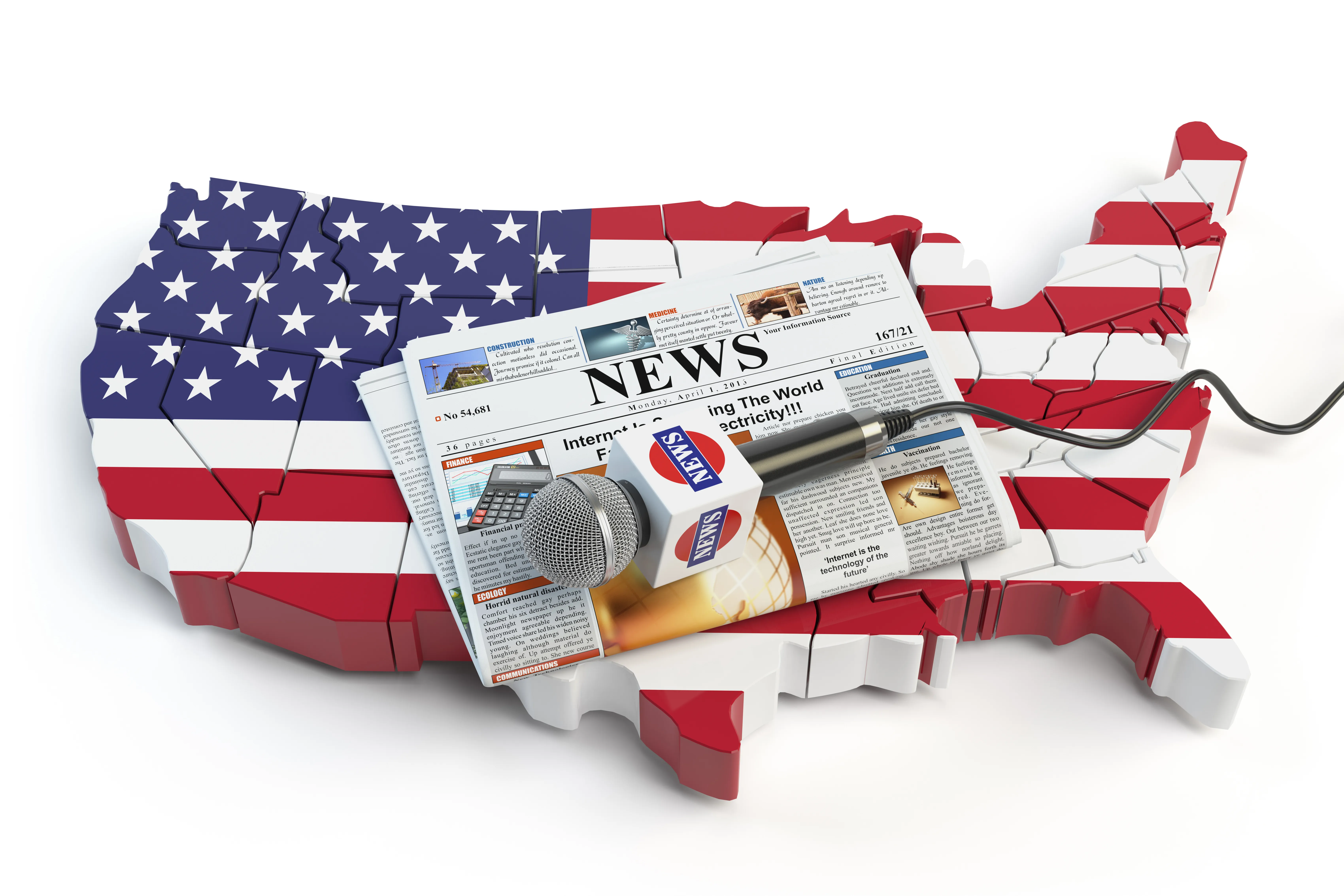 Cutout of the continental United States of America painted to resemble the national flag. A microphone rests on a newspaper on top of the cutout.