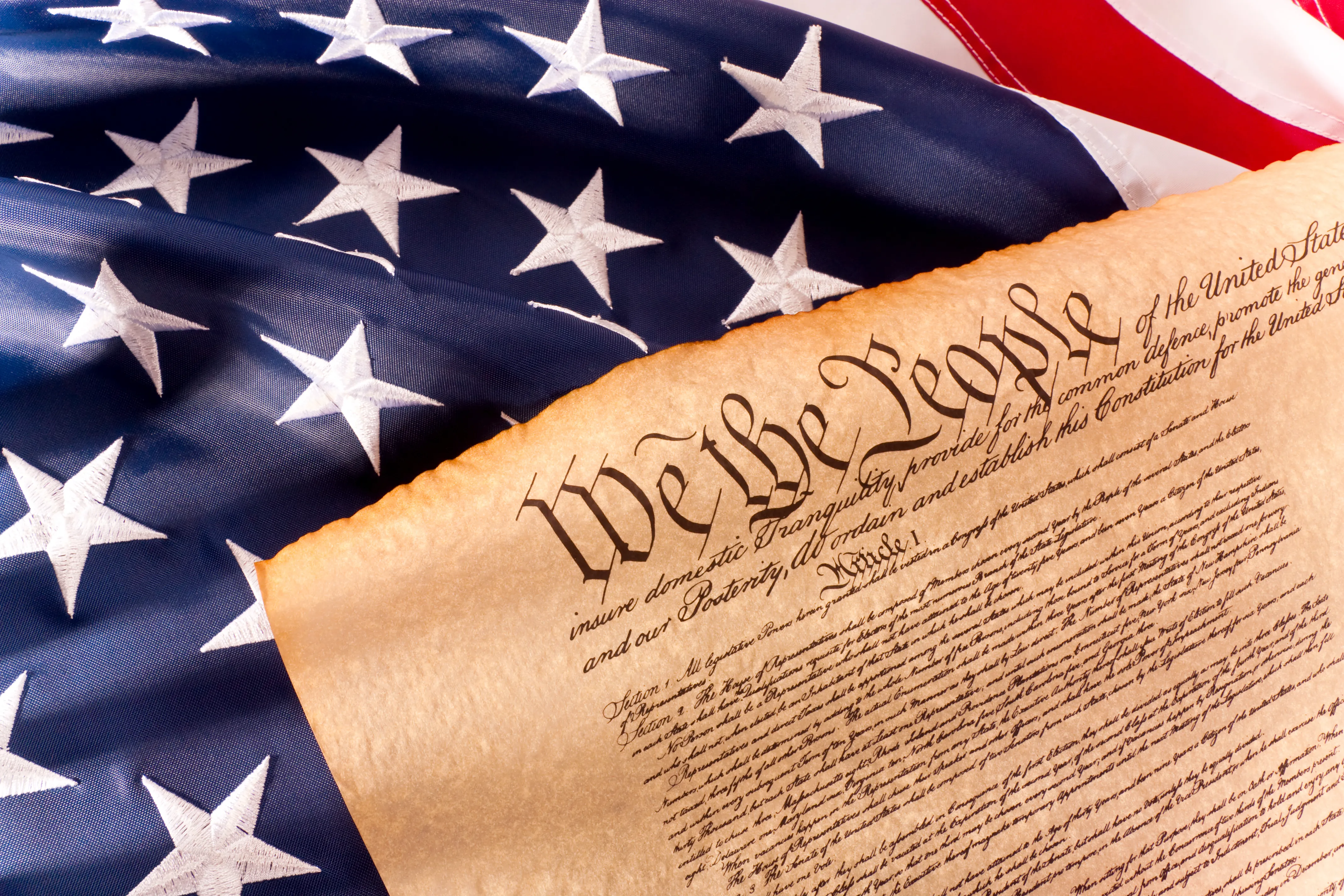 Portion of the United States constitution showing the words "We the people" on a United States flag.