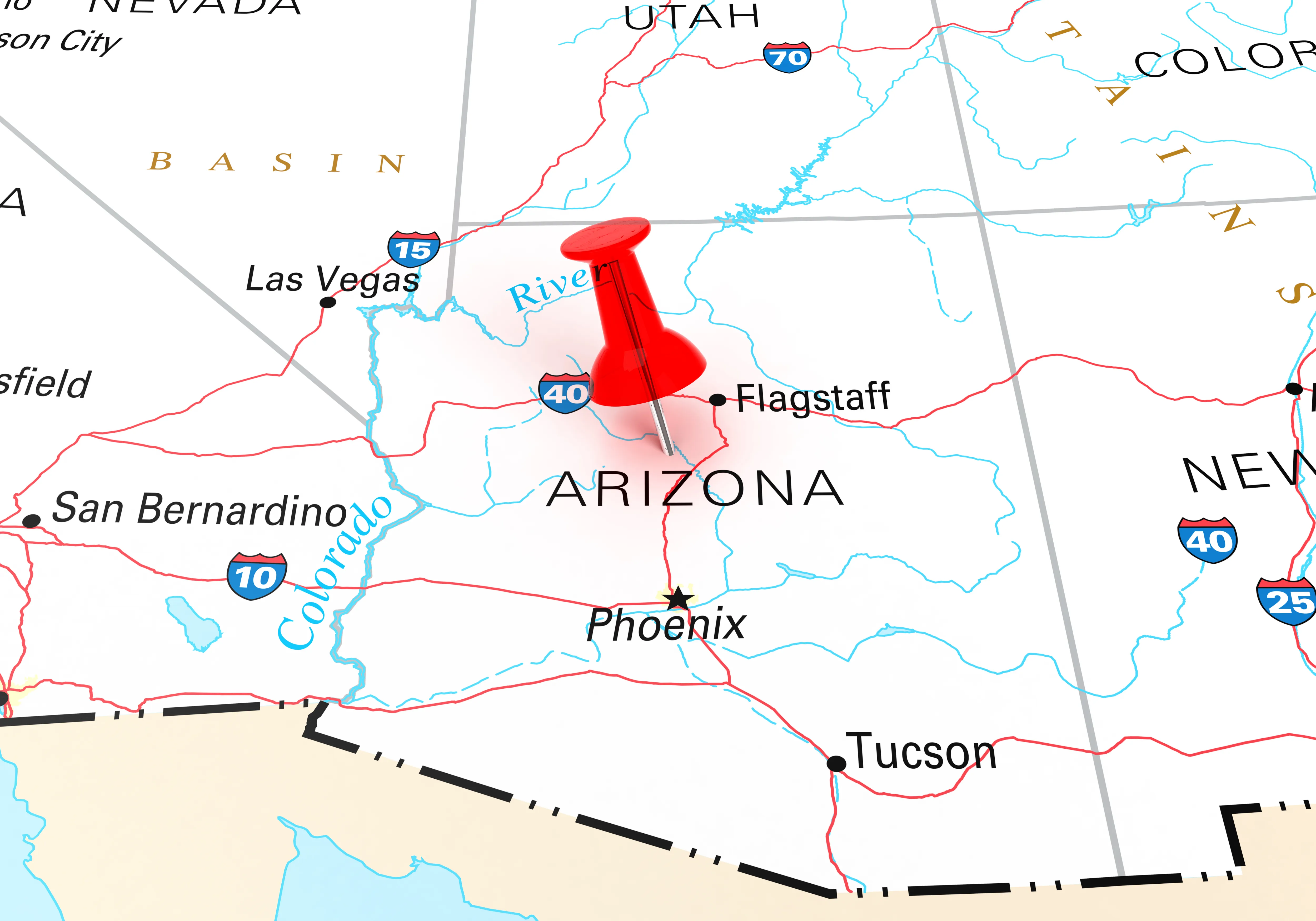 Map of the state of Arizona, showing portions of surrounding states