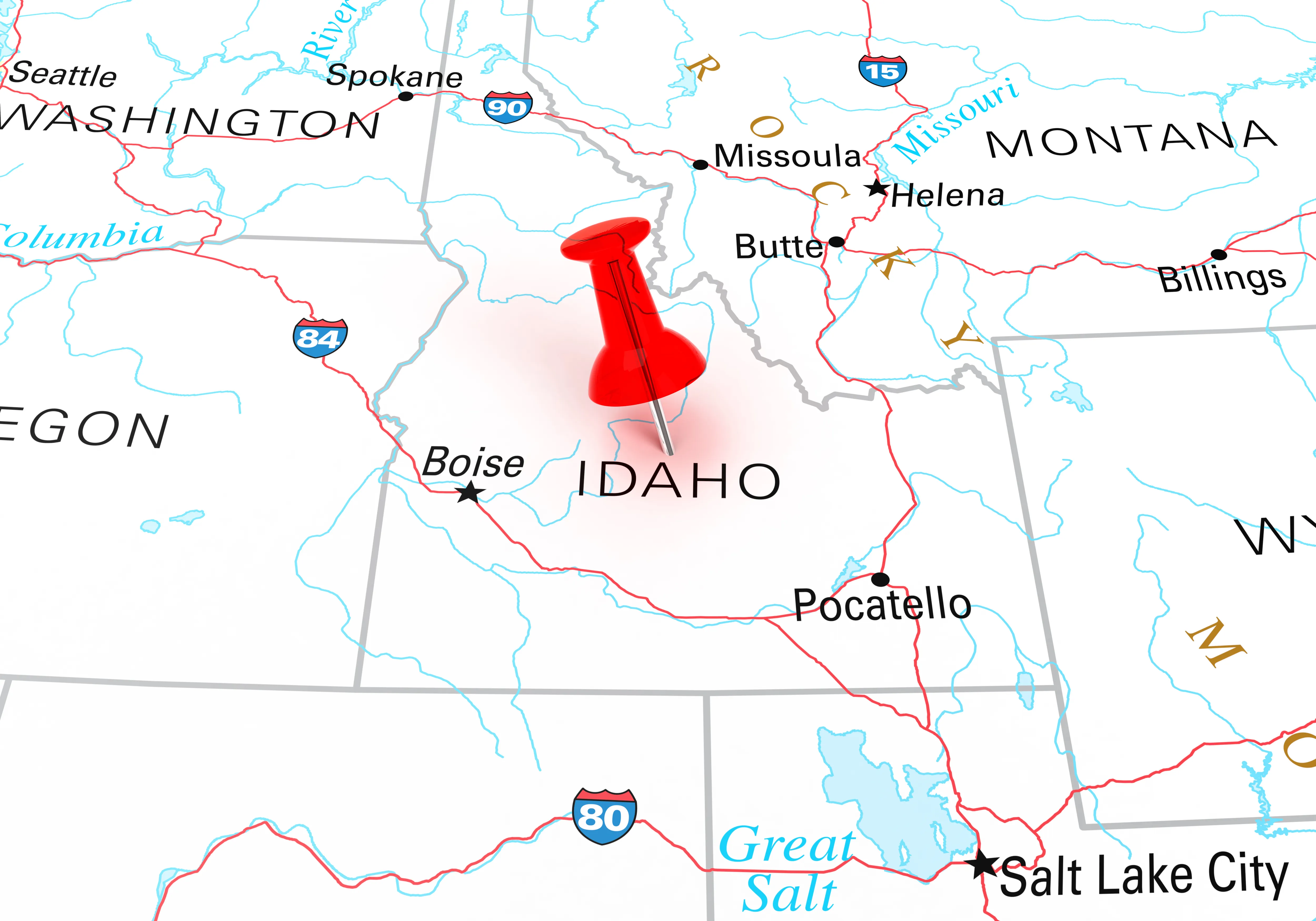 Map of the state of Idaho, showing portions of surrounding states