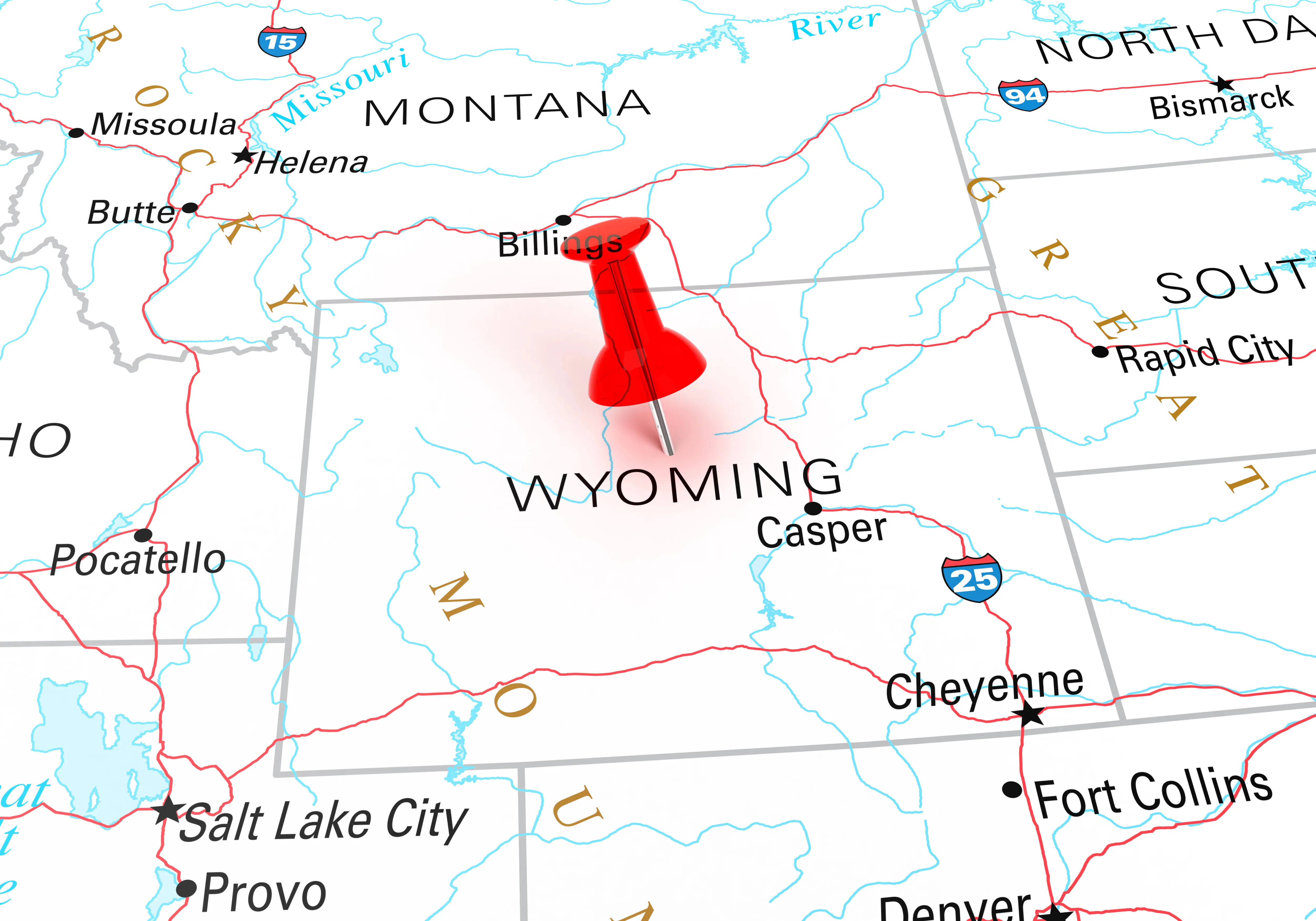 Map of the state of Wyoming, showing portions of surrounding states.