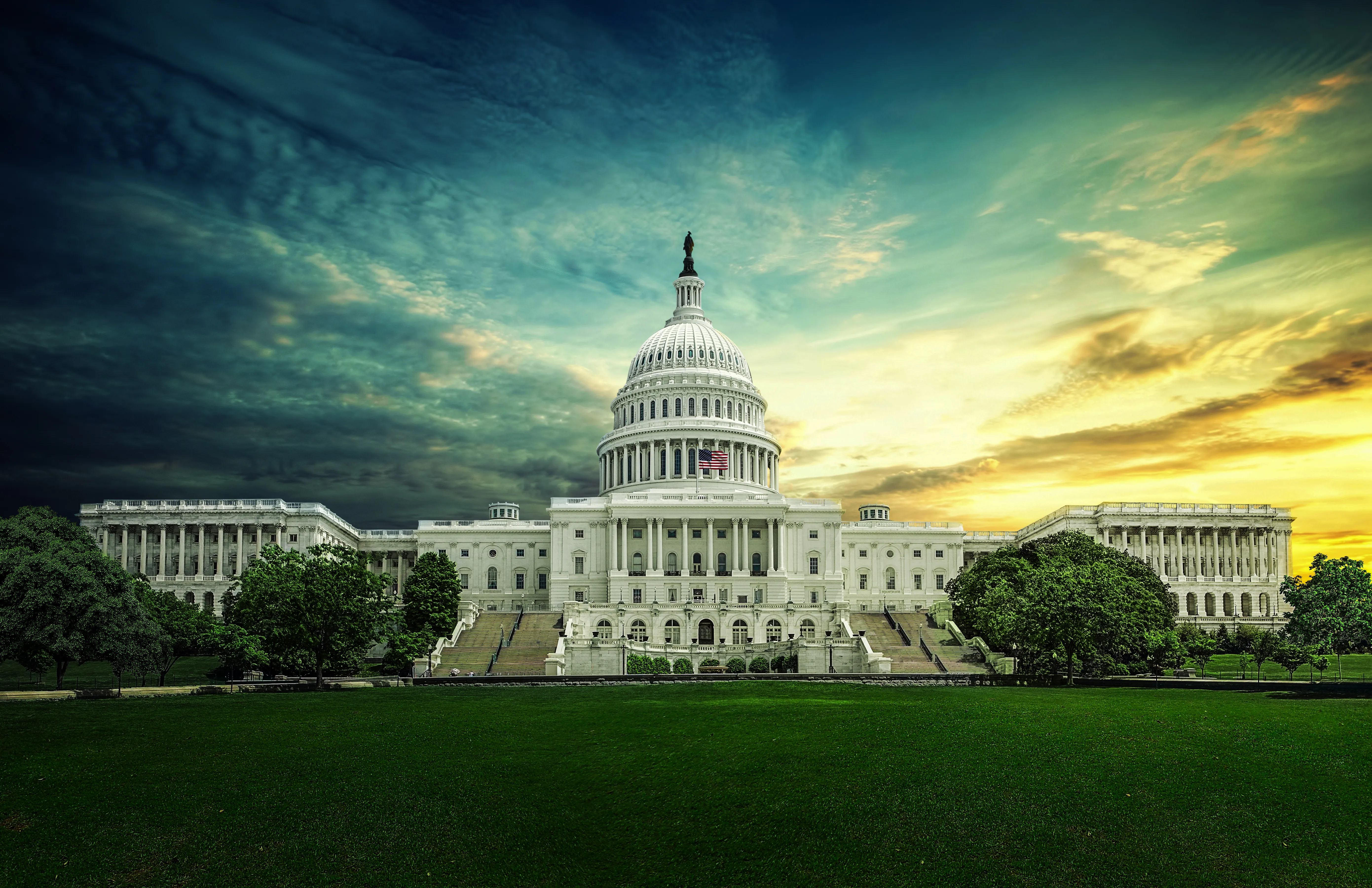 East front door of the United States Capitol building from a distance 